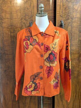 VTG Alex Kim Art to Wear Embroidered Jacket S Orange Geometric Waffle Knit Boho